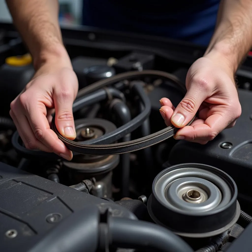 Mechanic inspecting a car AC belt for damage