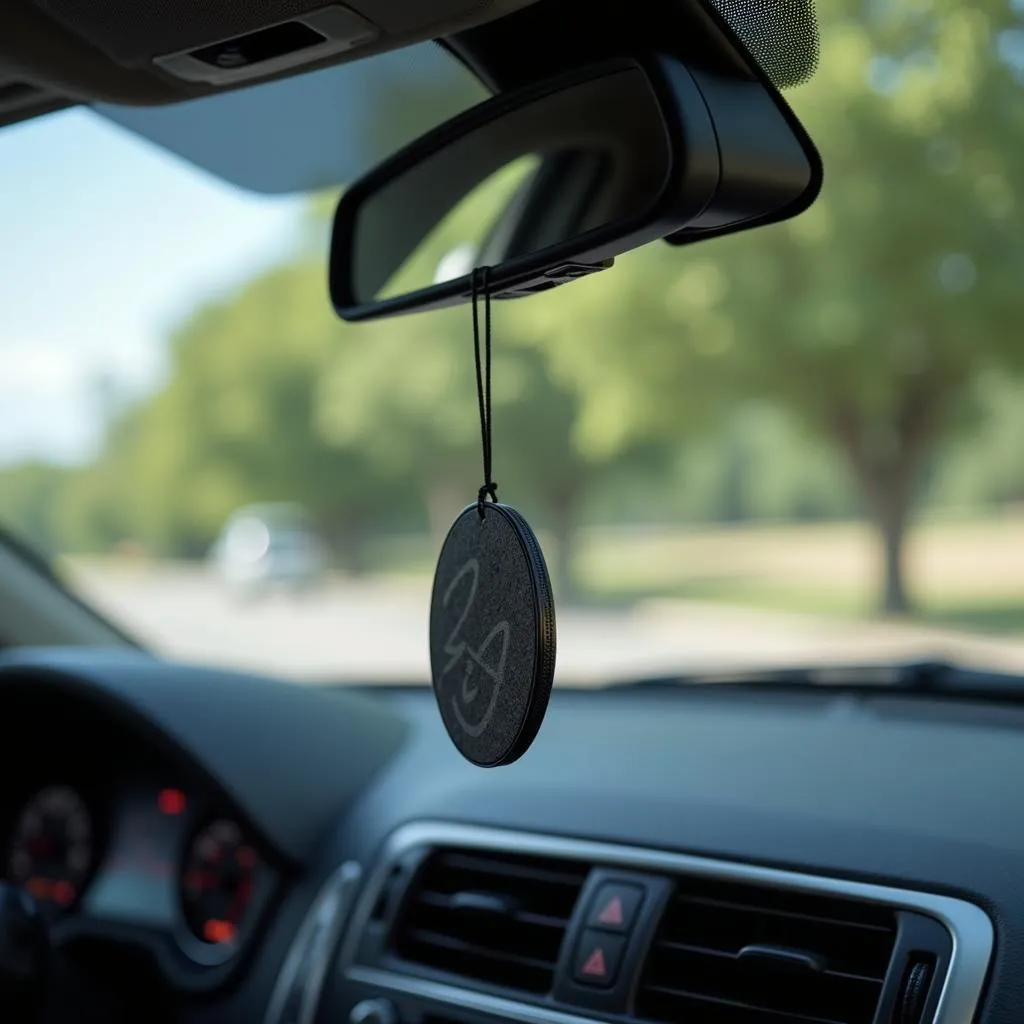 Car air freshener hanging from rearview mirror