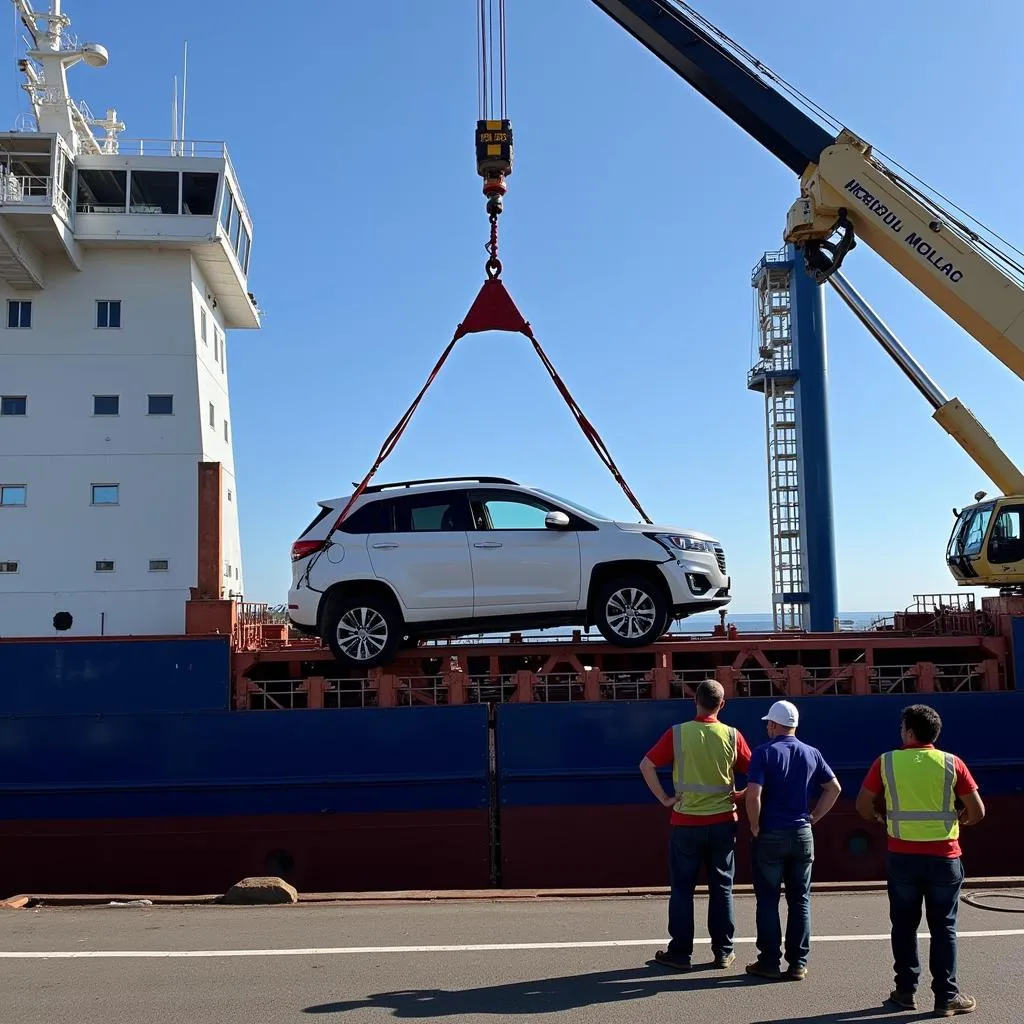 Car being carefully loaded onto a cargo ship for inter-island transport