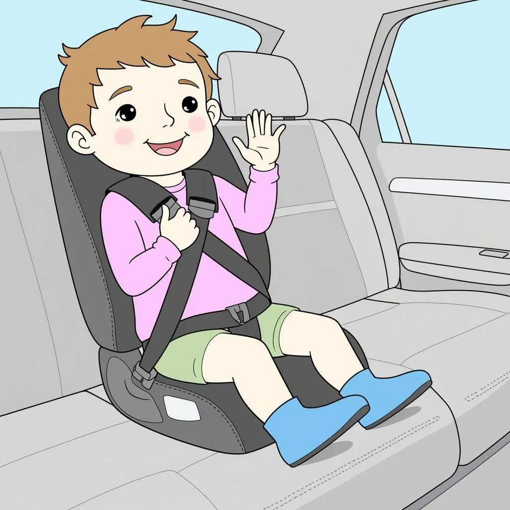 Child correctly positioned in a car booster seat