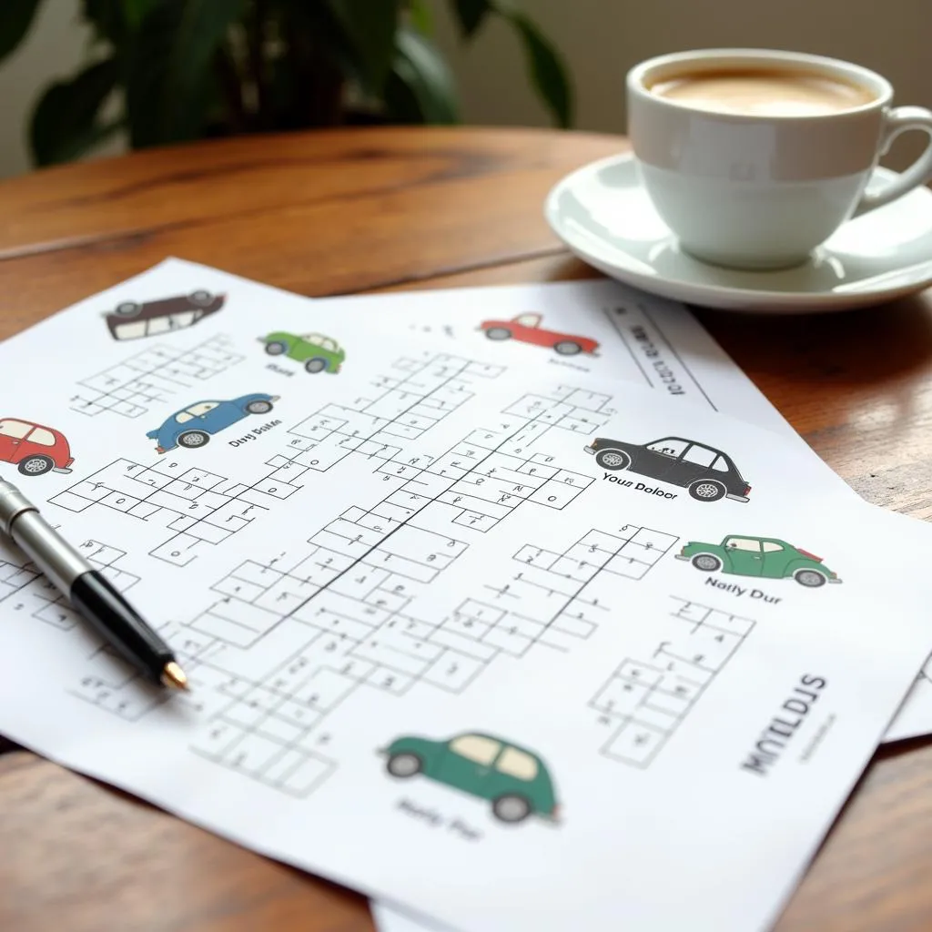 Car crossword puzzle on a table with a pen and a cup of coffee