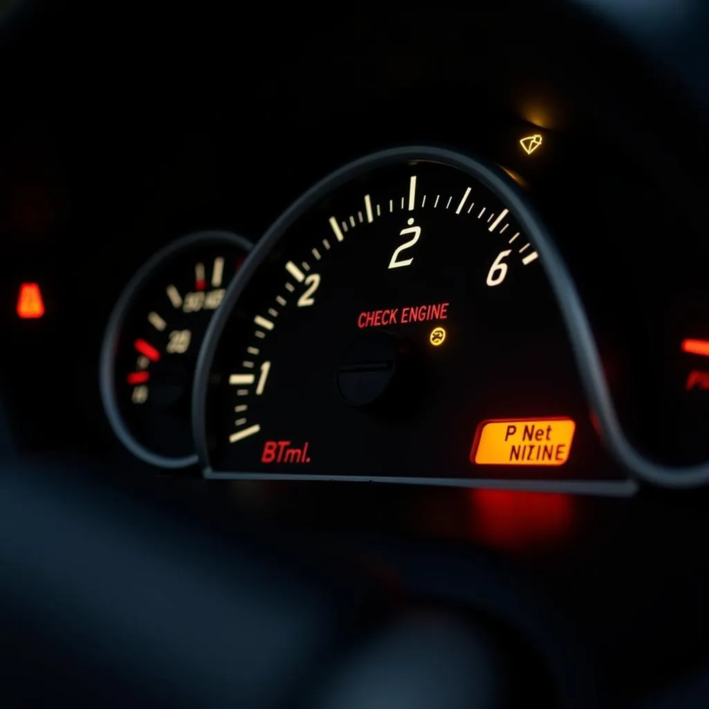 Car dashboard illuminated with multiple warning lights