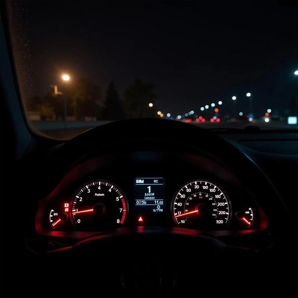 Car dashboard illuminated with various warning lights