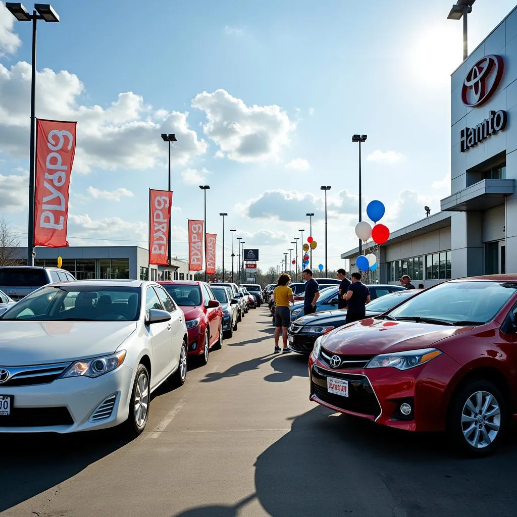 Car dealership lot with a variety of vehicles.