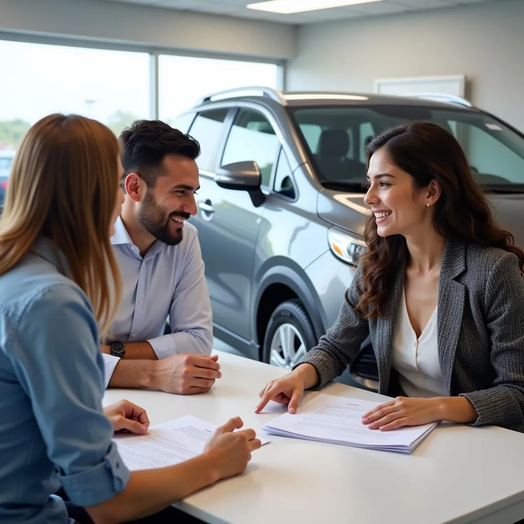 Car dealership salesperson explaining finance options