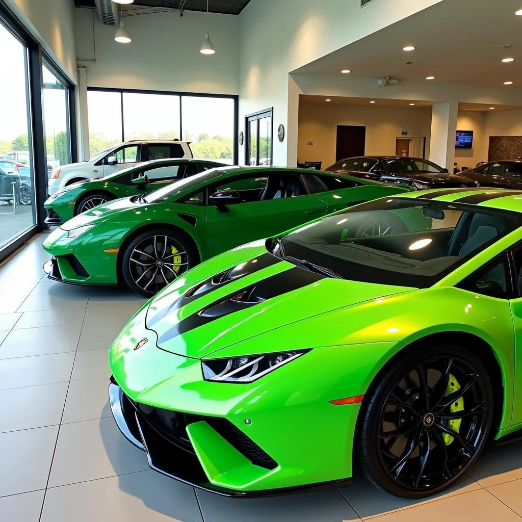 Car Dealership Showroom with a Variety of Green Cars