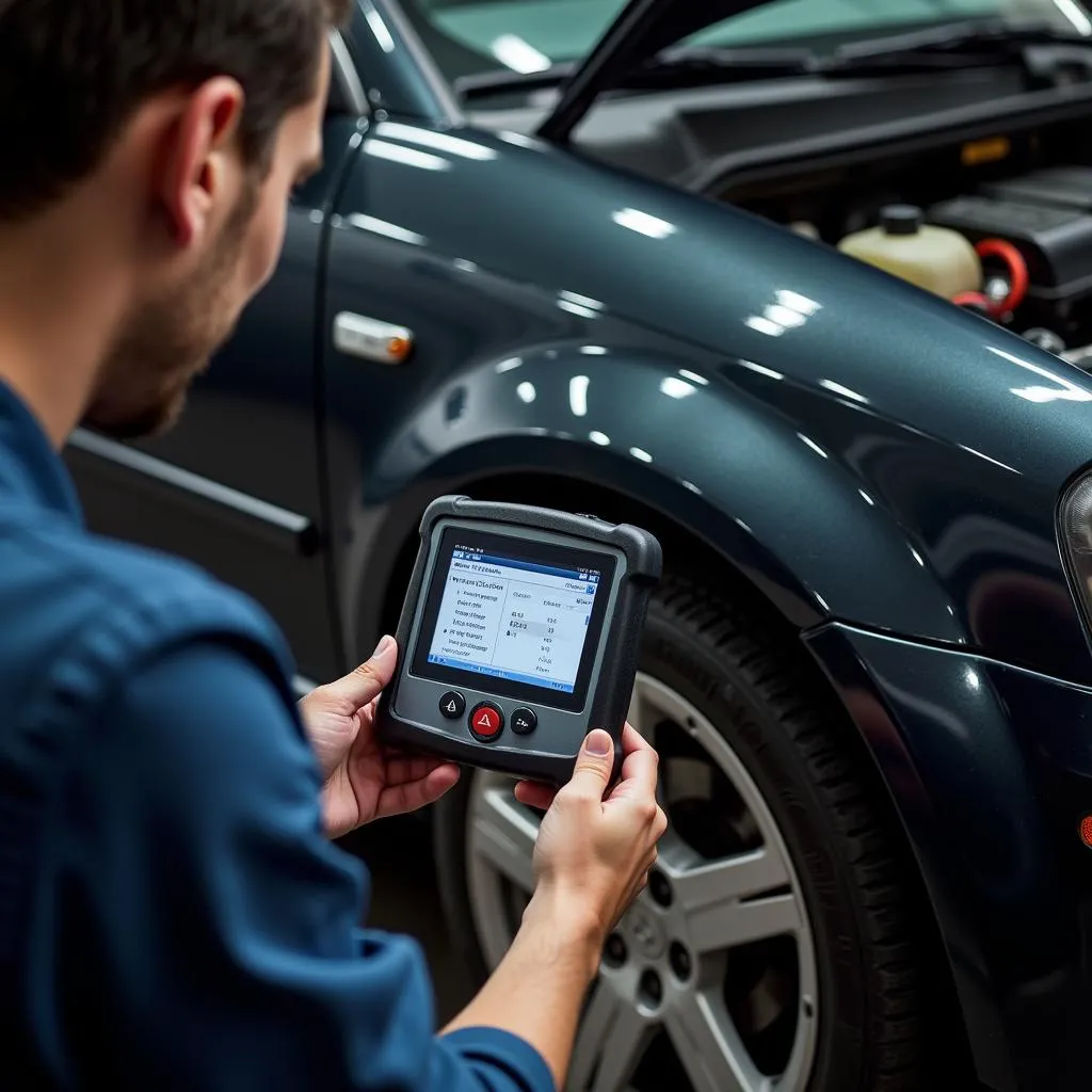 Mechanic in Bronx using car diagnostic equipment