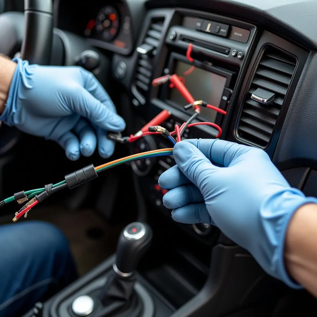 Mechanic inspecting wiring harness in a car