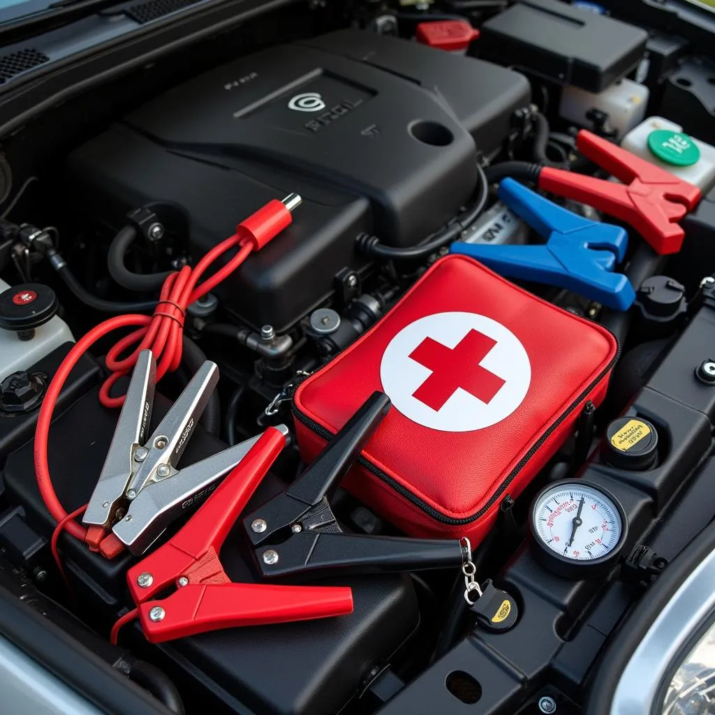 Car emergency kit with jumper cables, flashlight, and other essentials