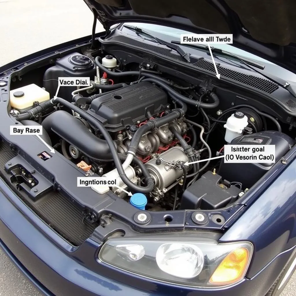 Car engine compartment with parts labeled