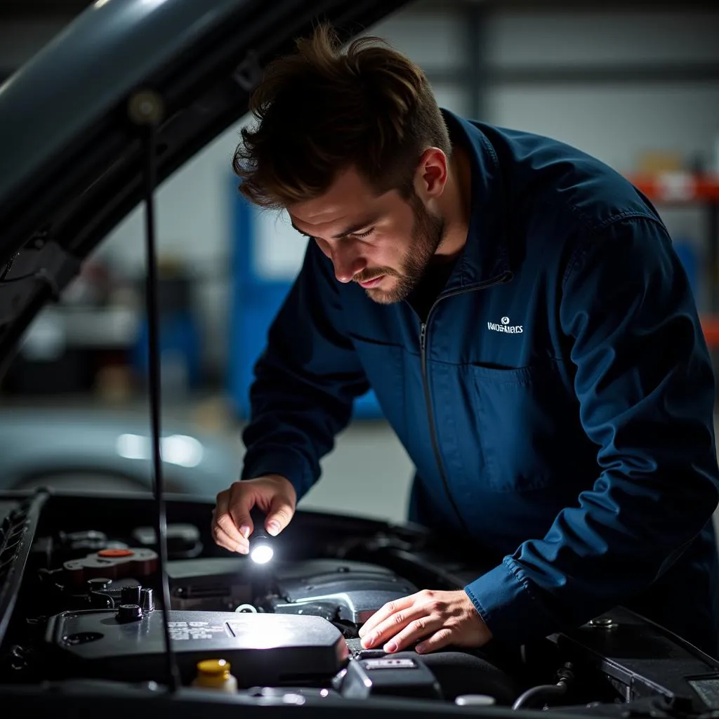 Mechanic Inspecting a Used Car Engine