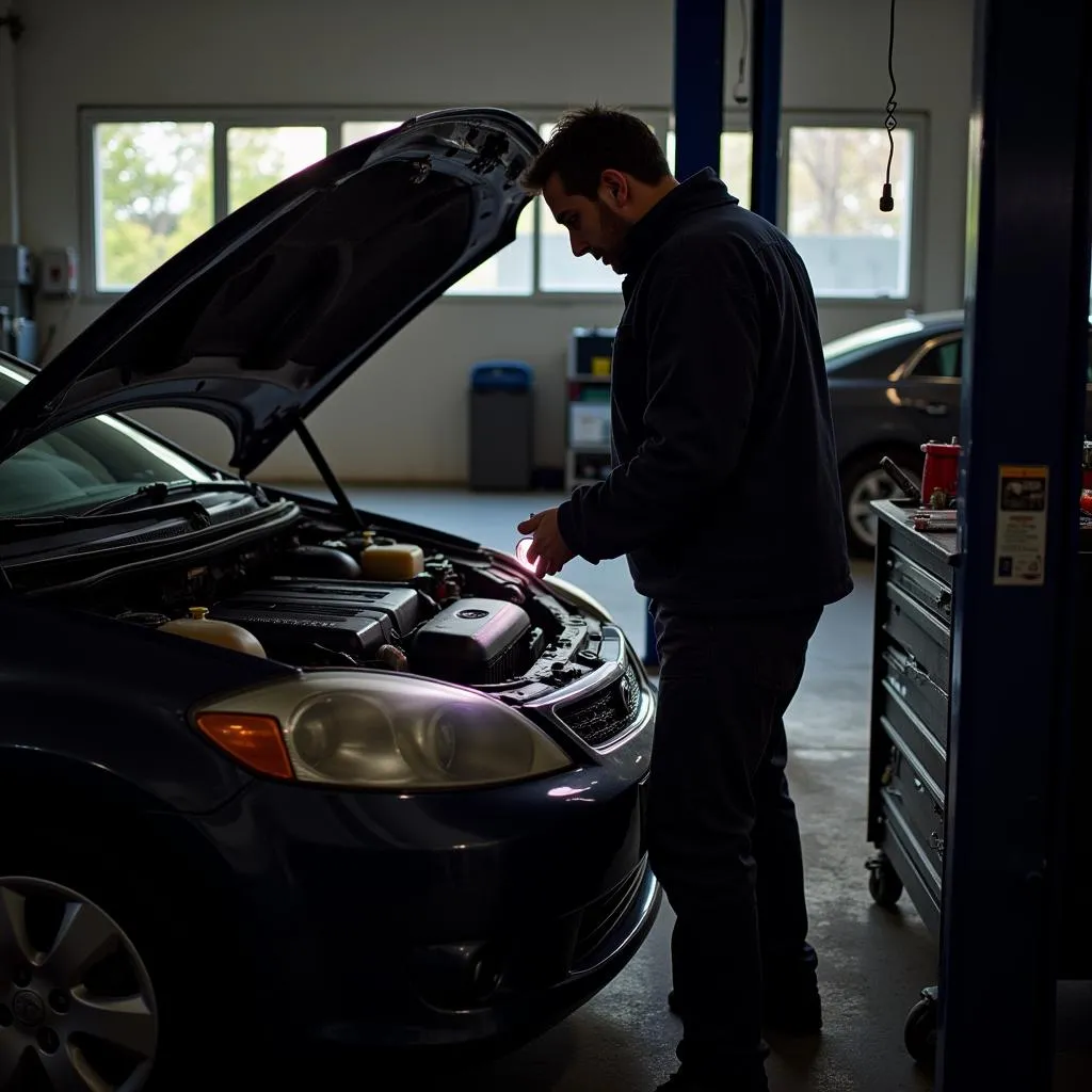 Mechanic inspecting car engine