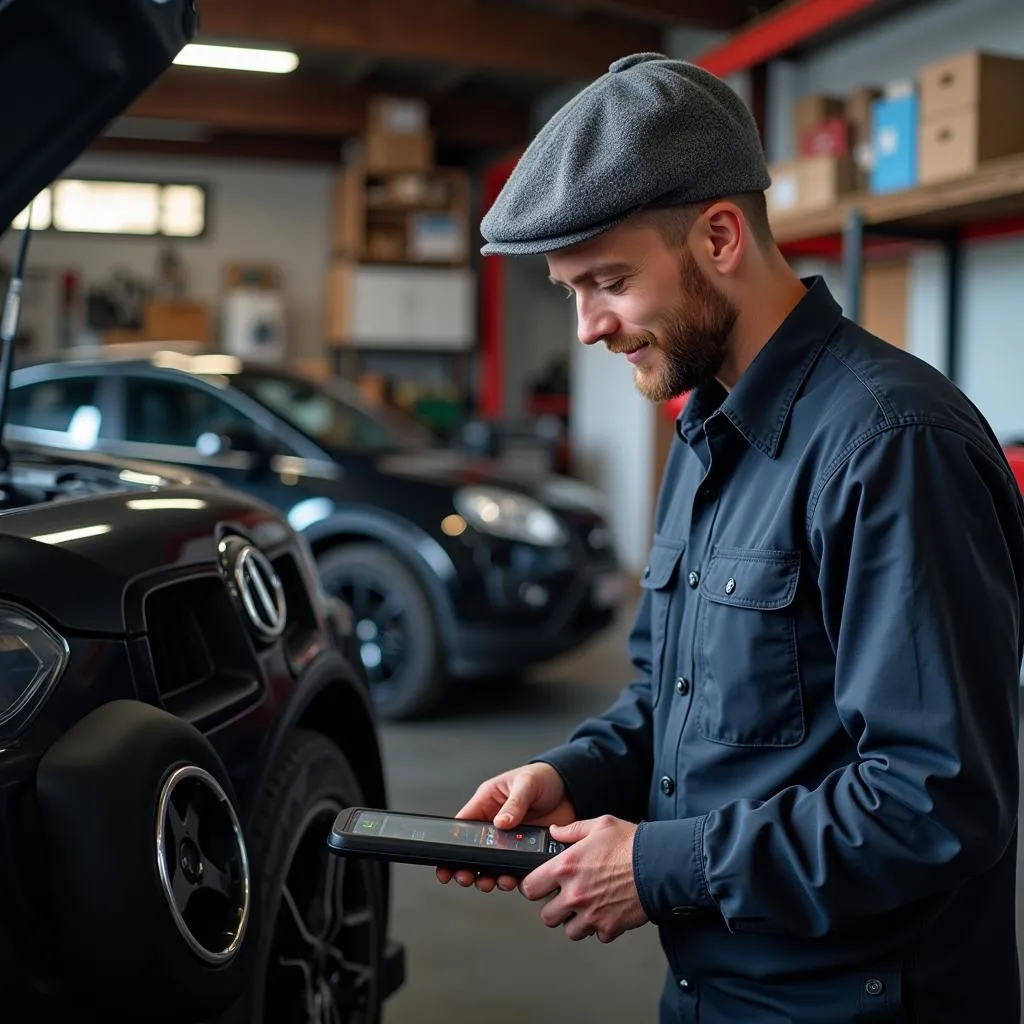 Car enthusiast using a diagnostic scanner in their garage