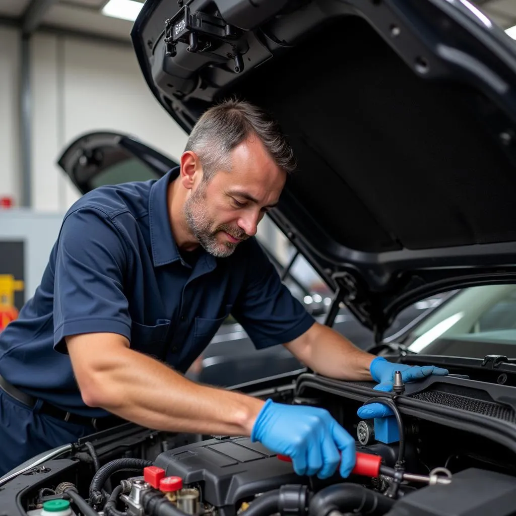 Mechanic inspecting a car engine