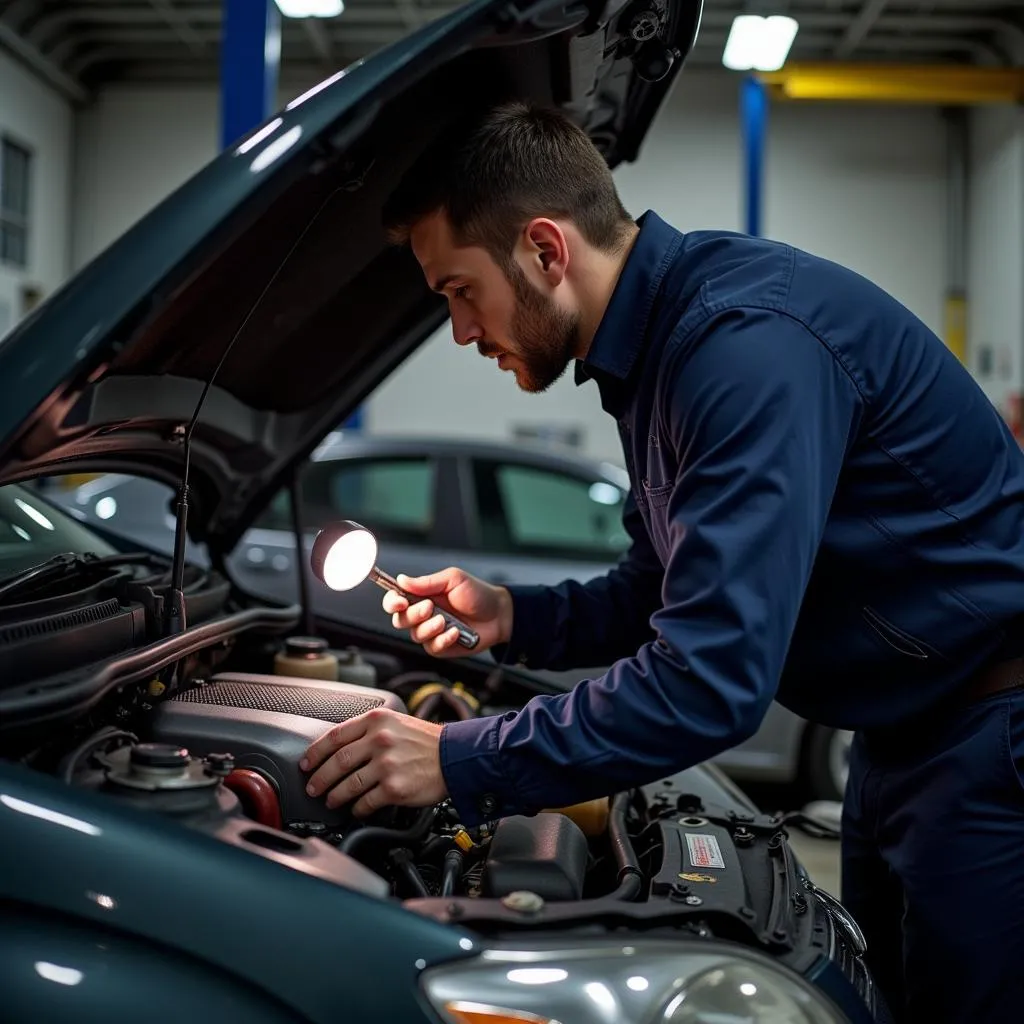 Mechanic inspecting a car engine