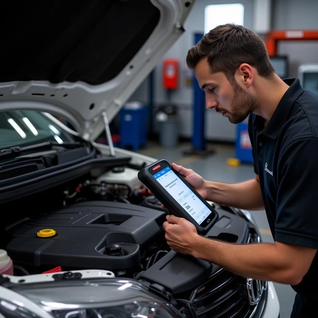 Car Mechanic Inspecting Engine