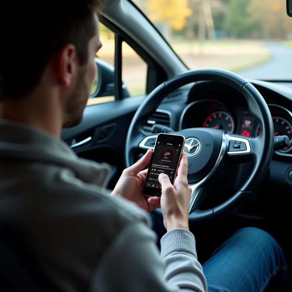 Car owner using their smartphone to diagnose their vehicle