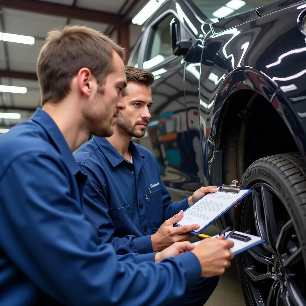 Car repair professional examining damage in a body shop