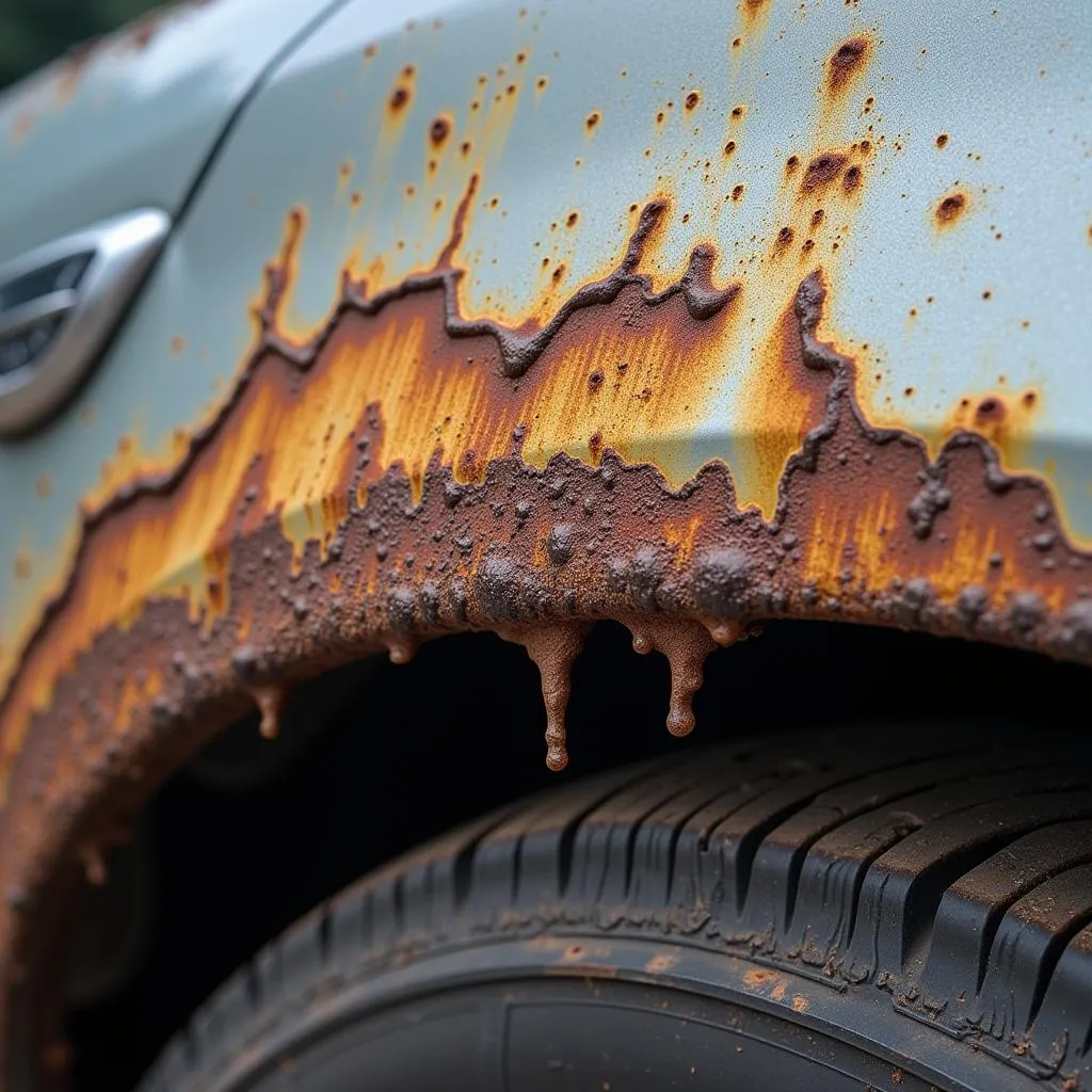 Close-Up View of Rust Formation on Car Metal