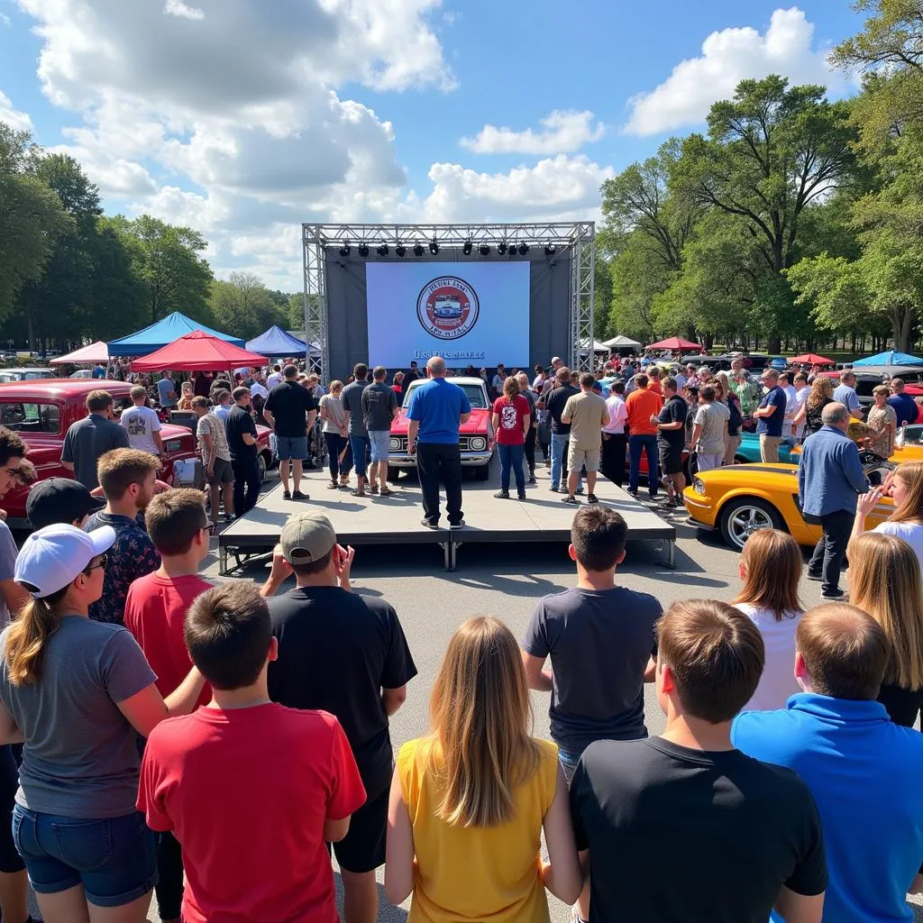 Car show attendees participate in an award ceremony