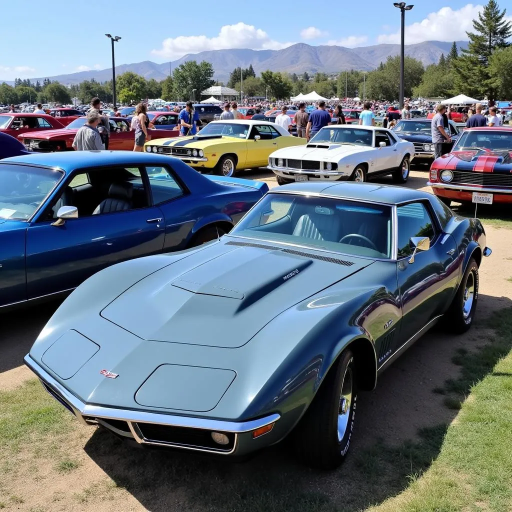 A variety of vehicles are on display at a car show