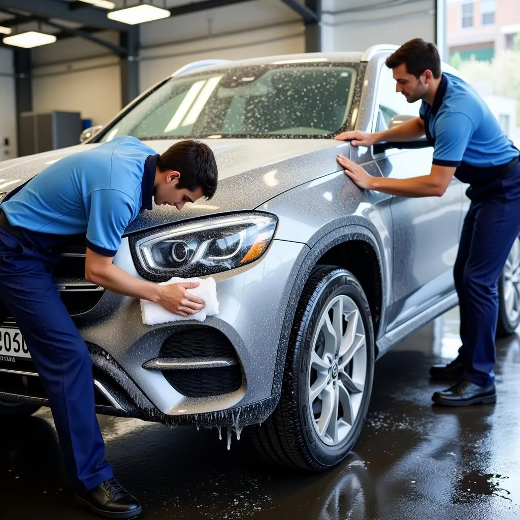 Car Wash Attendants Drying Vehicle