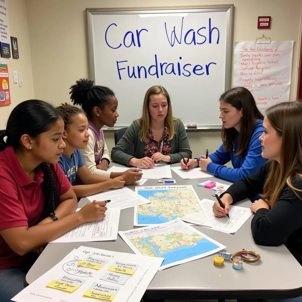 Group of volunteers planning a car wash fundraiser