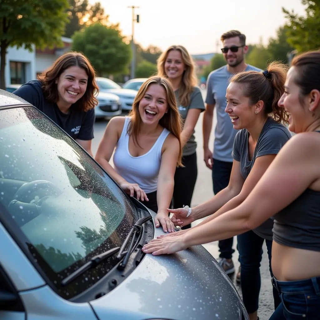 Volunteers washing a car during a fundraiser