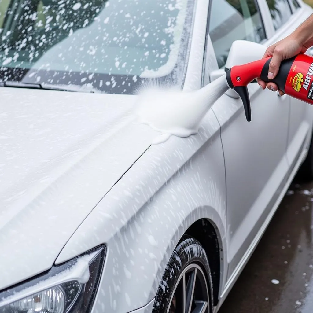 Applying car wash shampoo with a foam cannon.