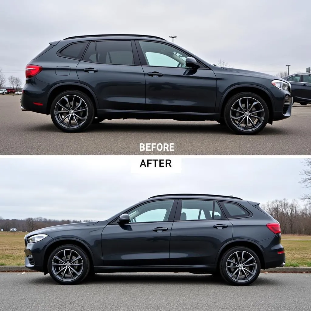 Car with adjustable air suspension before and after