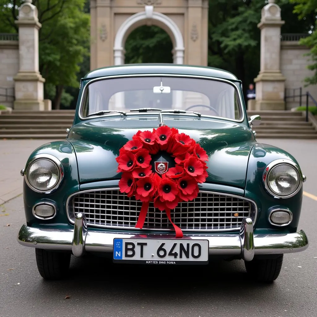 Car with poppy wreath on the grill