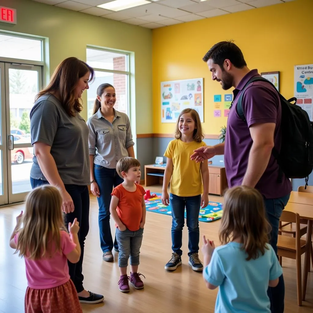 Parents touring a child care center