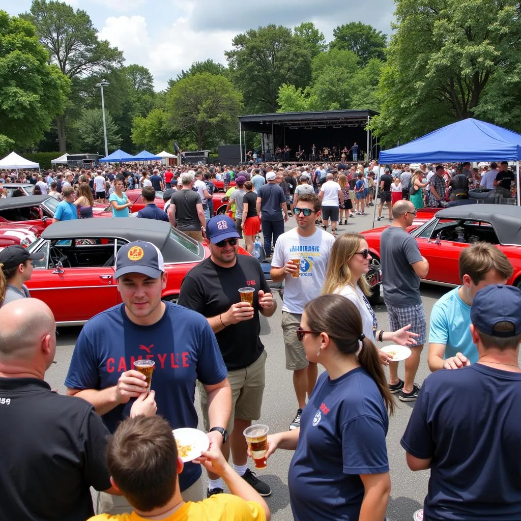 Classic Car Show Attendees Enjoying Food and Drinks