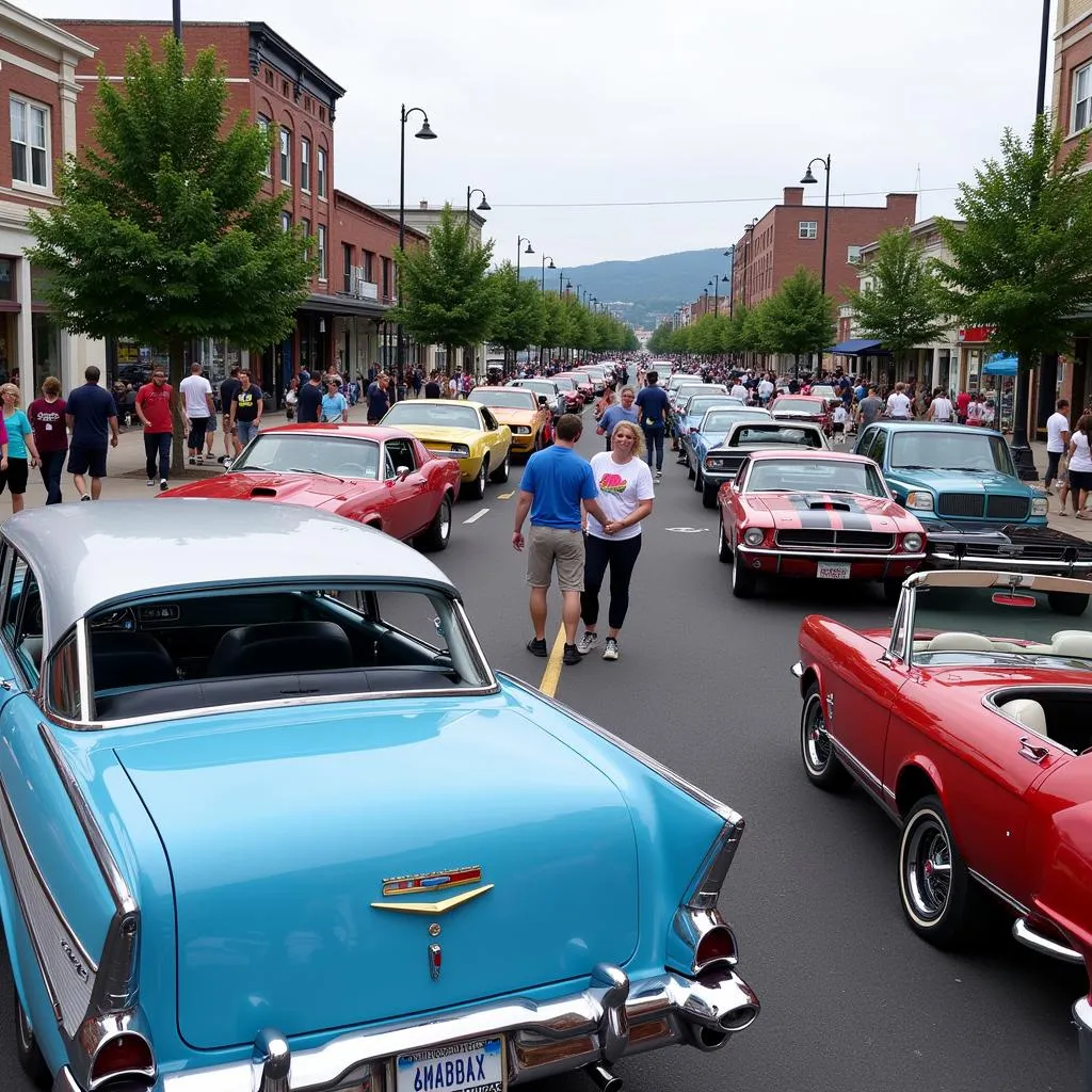 Classic car show in Martinsburg, WV with rows of vintage automobiles on display.