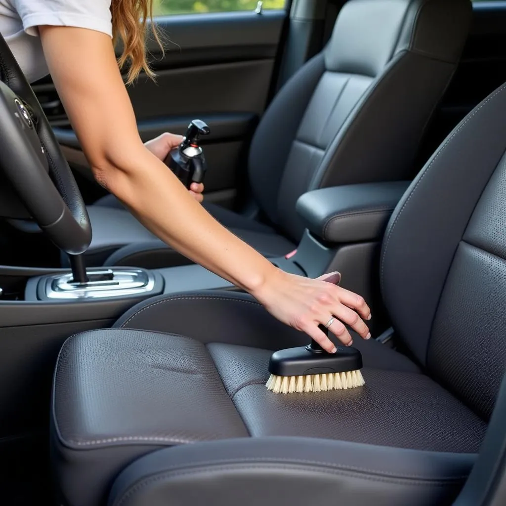 Cleaning car seats with upholstery cleaner