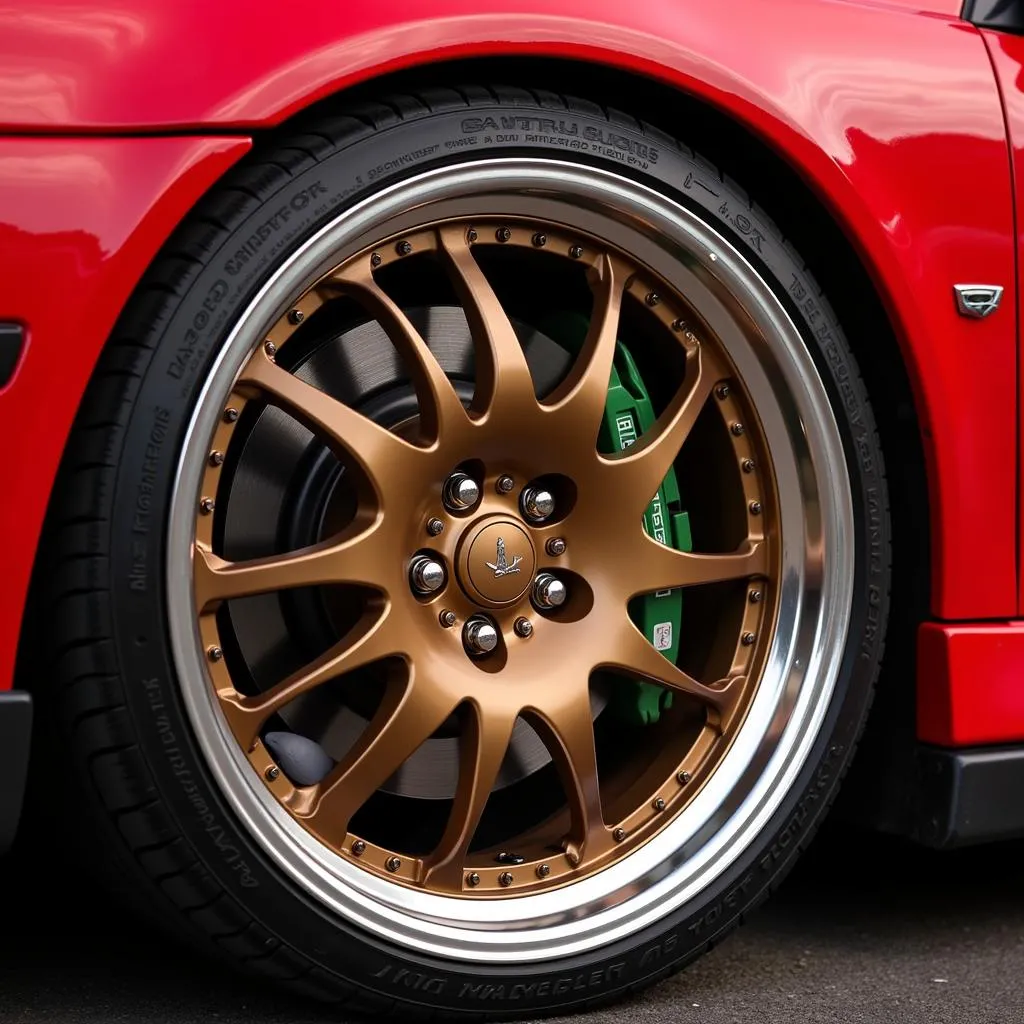 Close-up of bronze rims on a red car.