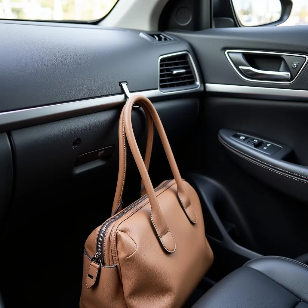 Purse neatly hung on a glove box hook