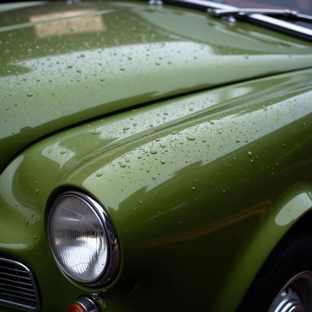 Detail of Olive Green Car Paint with Water Droplets