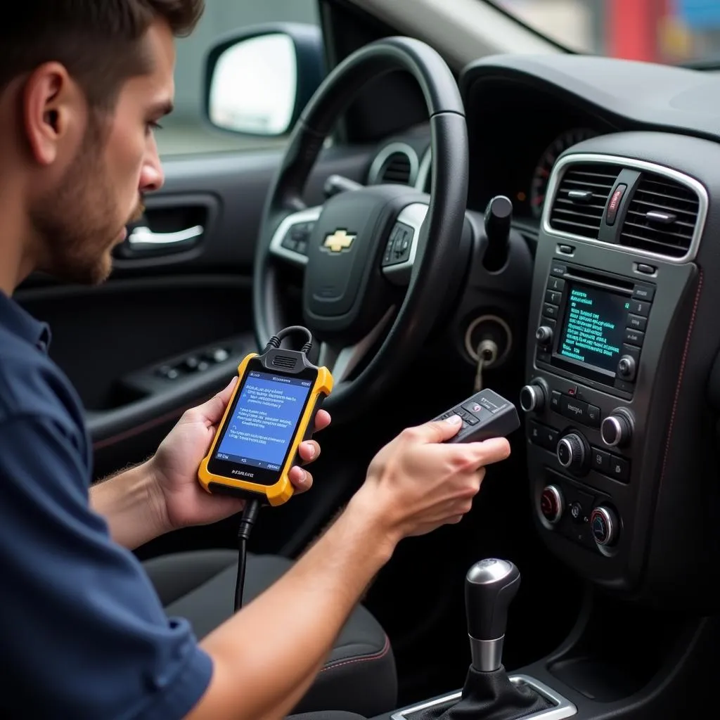 Mechanic using an OBD code reader on a Chevrolet Cobalt