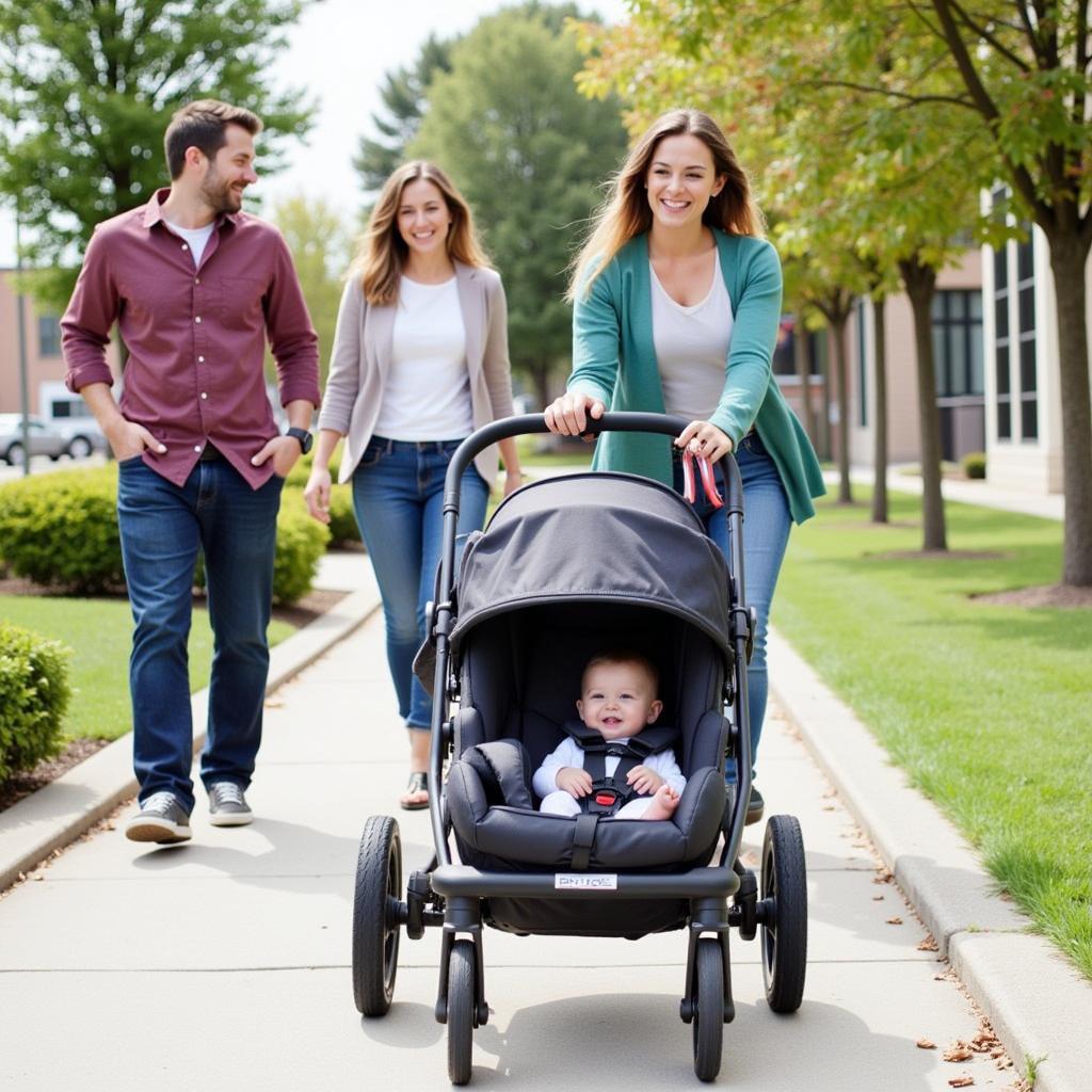 Compact stroller with car seat being used by a family