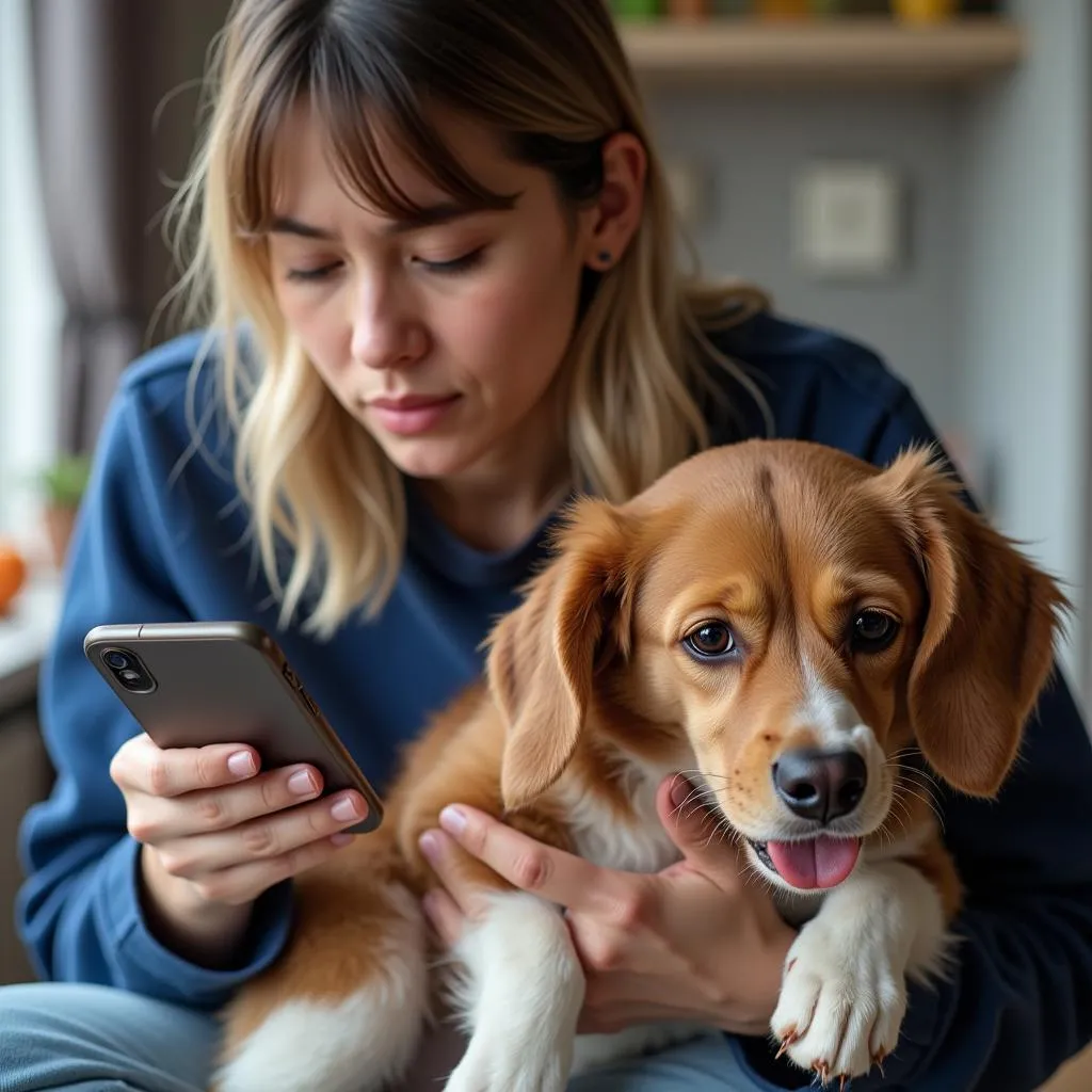 Worried pet owner making a call while holding their sick pet