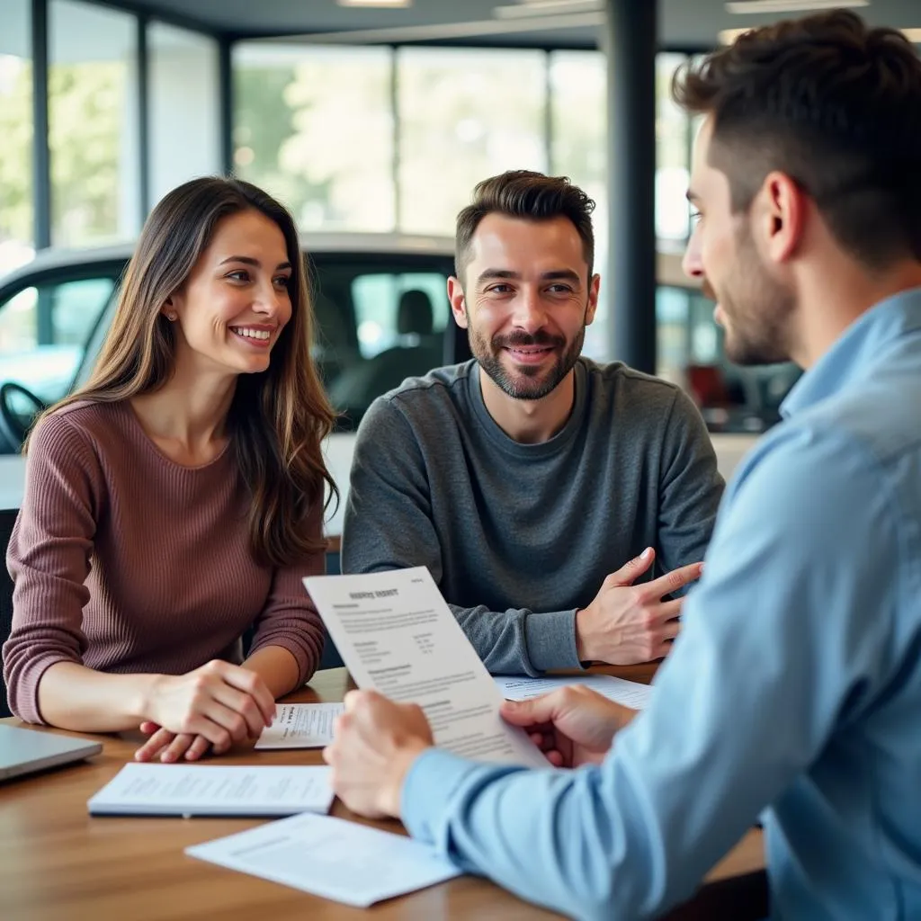 Couple reviewing car history report with salesman