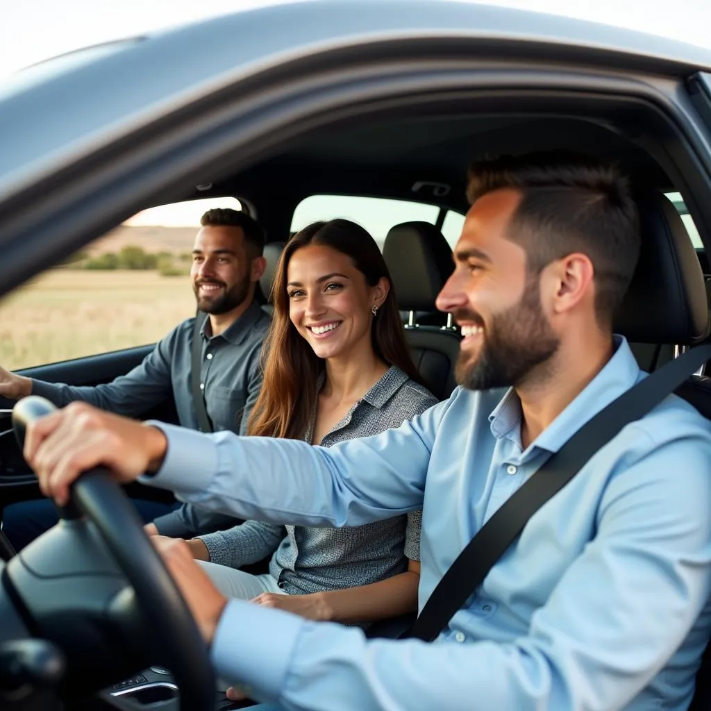 A couple test driving a new car with a salesperson in the backseat