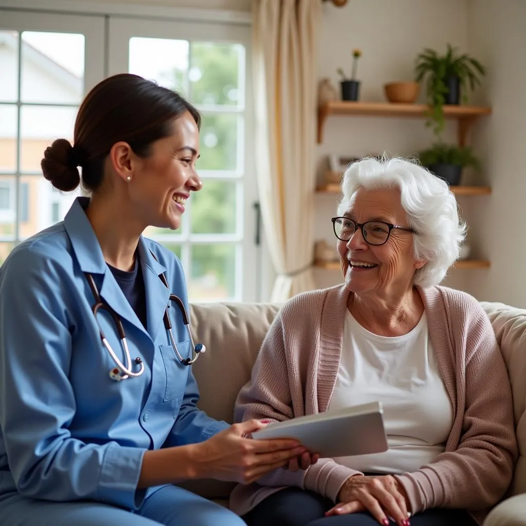 A crossways home care aide and a senior woman smiling together while sitting on a couch in her living room.