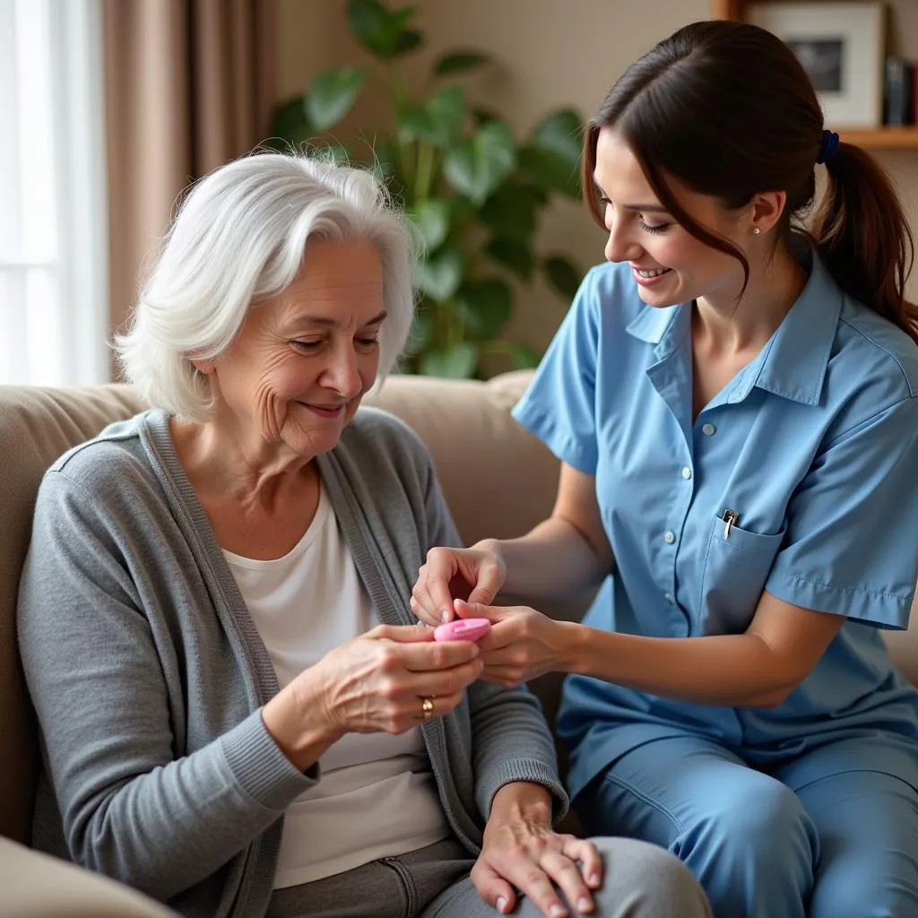 Crossways home care aide assisting a senior woman with her medication in her living room.