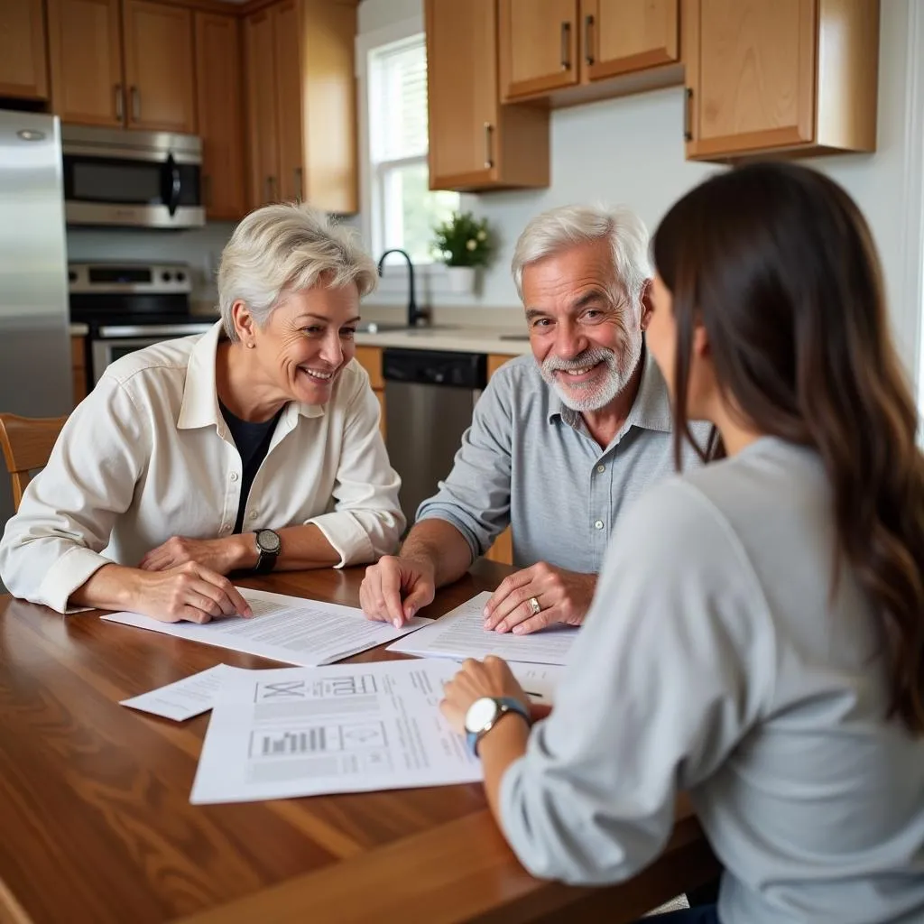 Crossways home care consultant discussing a personalized care plan with a senior couple in their home.