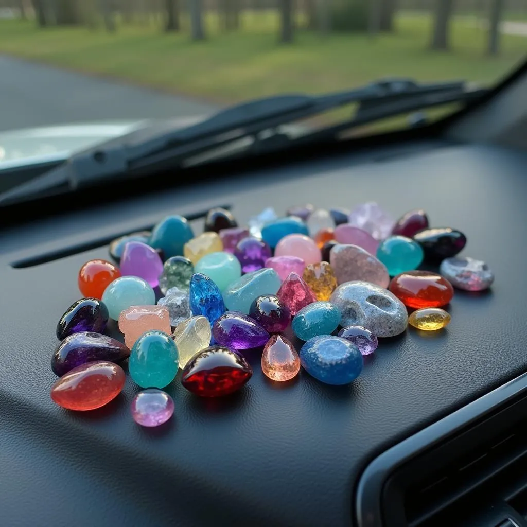 Crystals arranged on a car dashboard