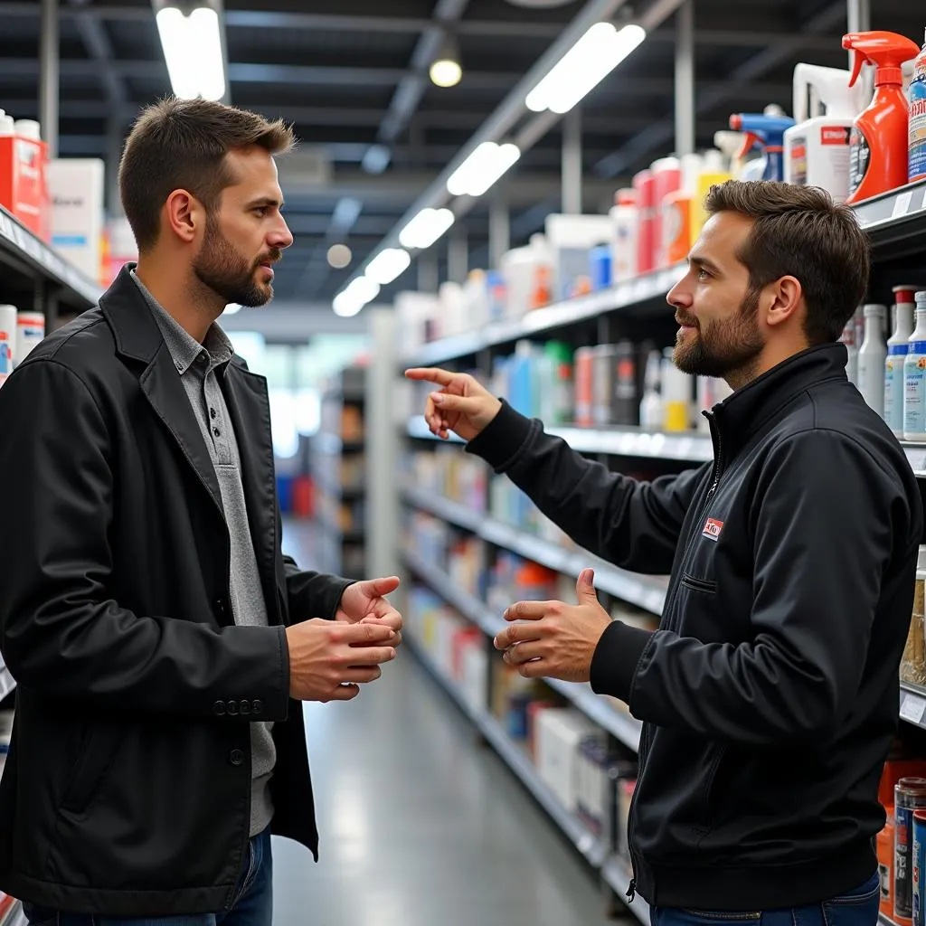 Customer consulting with staff at a car detailing supply store