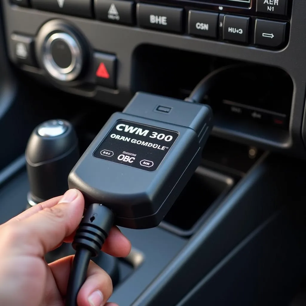 CWM 300 OBD Module connected to a car's OBD port.