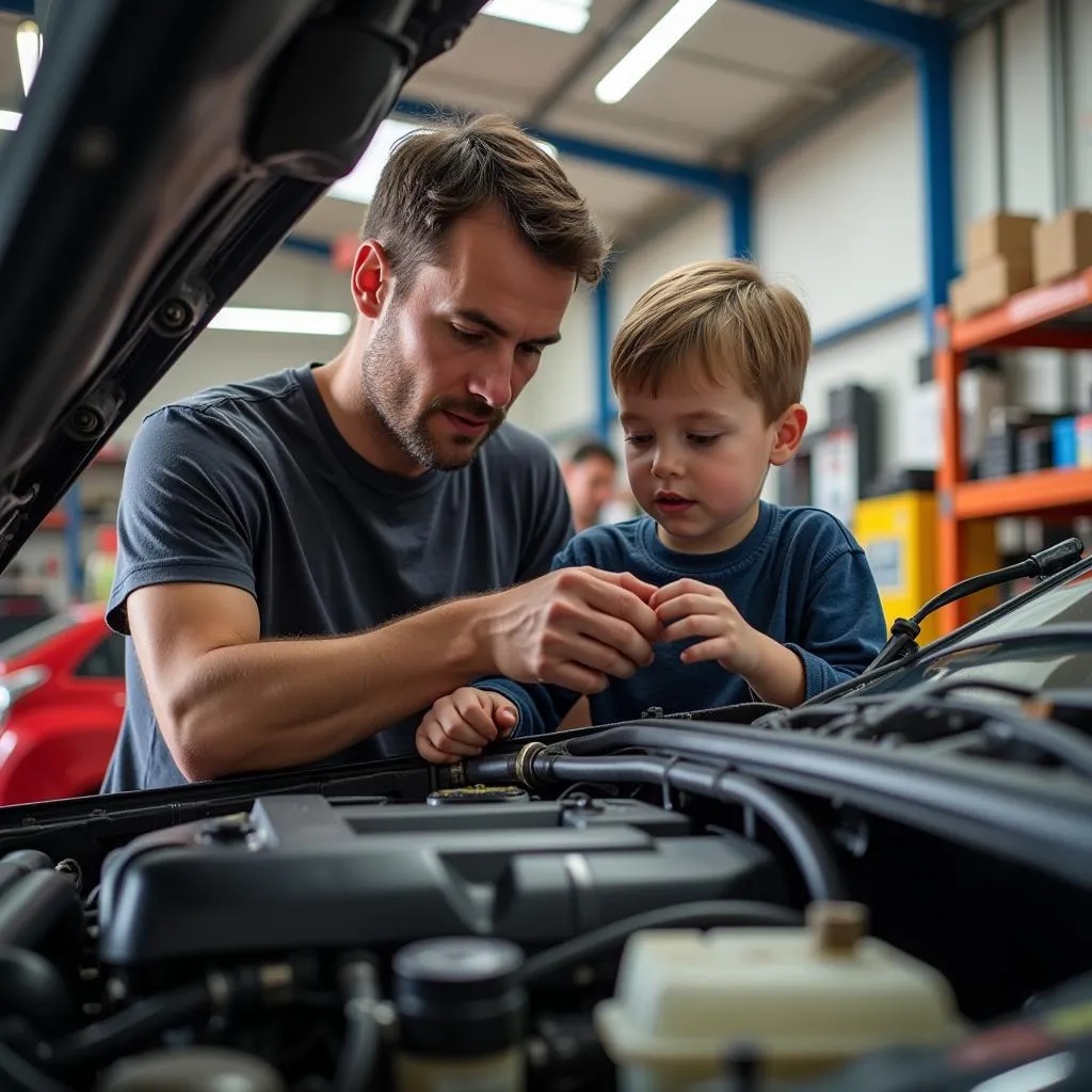 Father and Child Bonding Over Car Repair